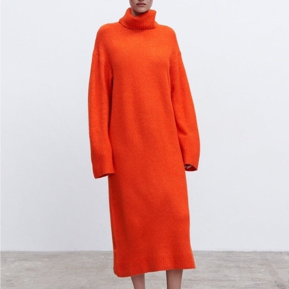ZARA Oversized Knit Turtleneck Sweater Midi Dress Orange M - Picture 15 of 15